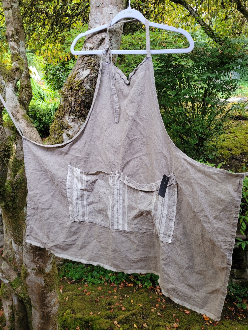 Camp Hollyhock Linen Taupe Apron with Front Striped Patch Pockets